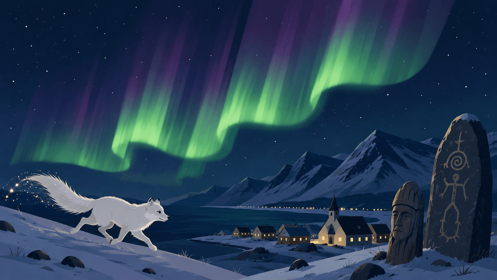 Illustration d'un renard arctique laissant une traînée d'étincelles sous une aurore boréale violette et verte, près d'un village islandais et d'une pierre runique.