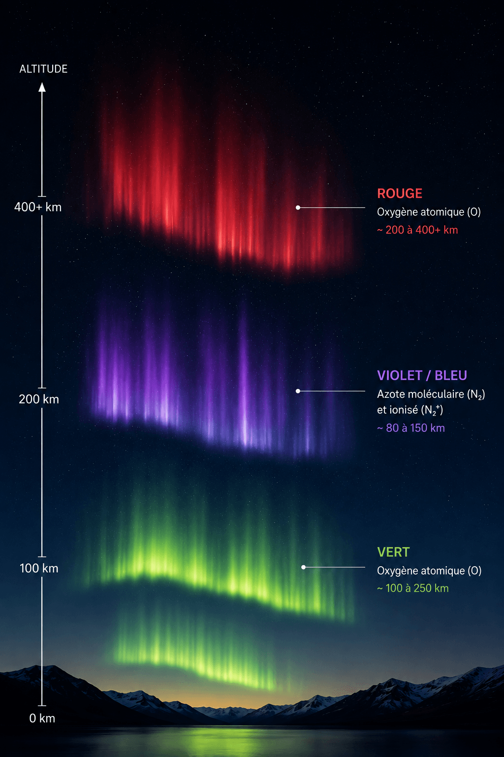 Schéma des couleurs de l'aurore par altitude : vert entre 100 et 250 km (oxygène atomique), violet/bleu entre 80 et 150 km (azote moléculaire et ionisé), rouge entre 200 et 400+ km (oxygène atomique).