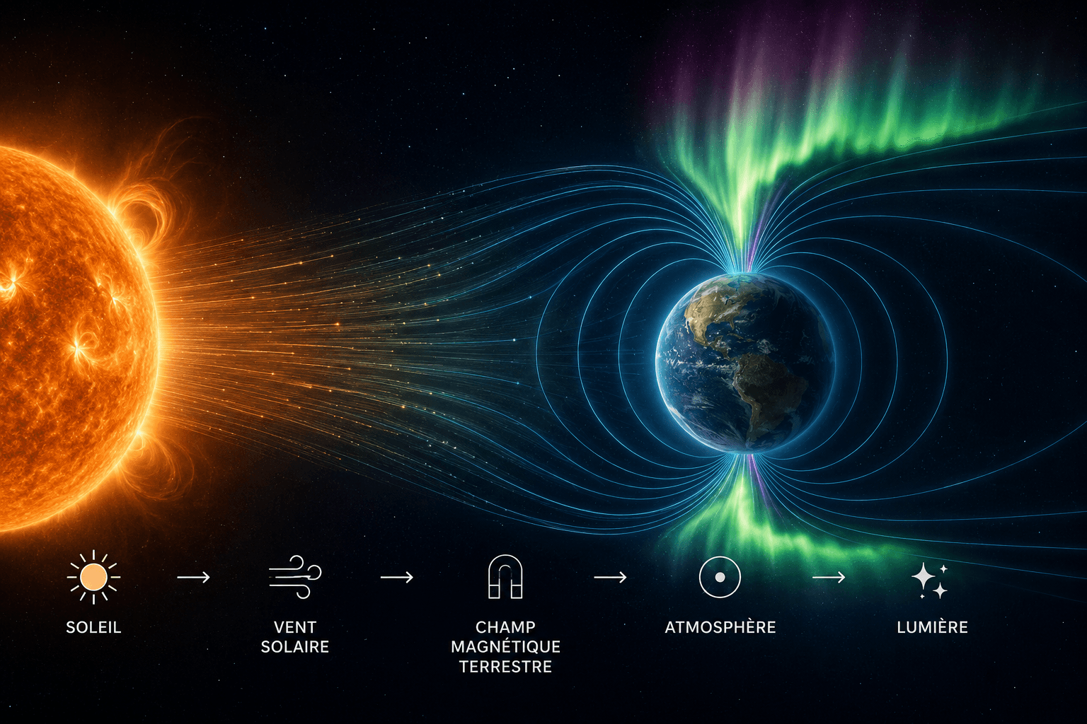 Schéma : le Soleil émet un vent solaire qui interagit avec le champ magnétique terrestre, guidé vers les pôles jusqu'à l'atmosphère où il produit la lumière de l'aurore.