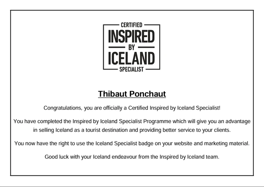Certificat Iceland Specialist, Inspired by Iceland